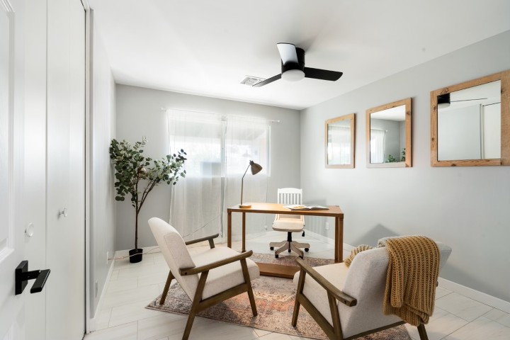 A home addition being used as a nice home office.